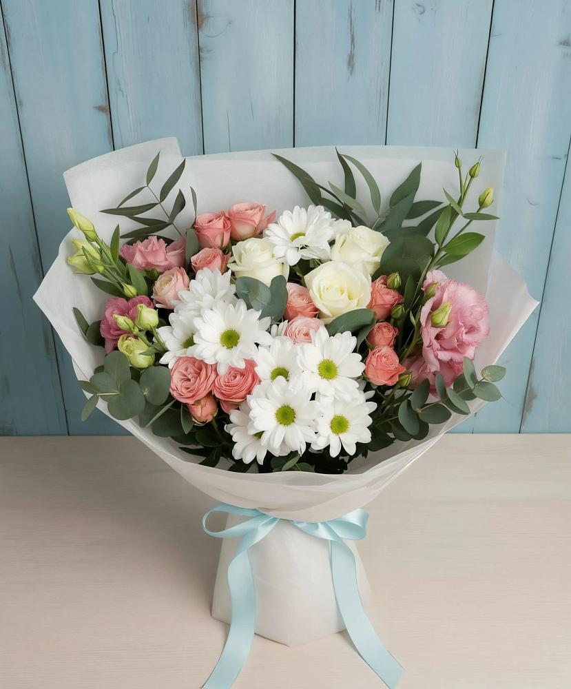 Букет цветов из: Розы, Лизиантусы и Хризантемы в Еремизино-Борисовской
