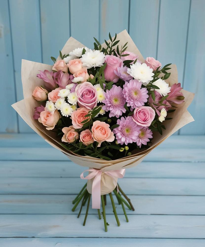 Букет цветов из: Хризантемы, Розы и Альстромерии в Еремизино-Борисовской