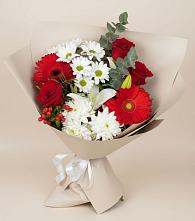 Букет цветов из:  Розы, Хризантемы, Герберы и Лилии в Еремизино-Борисовской