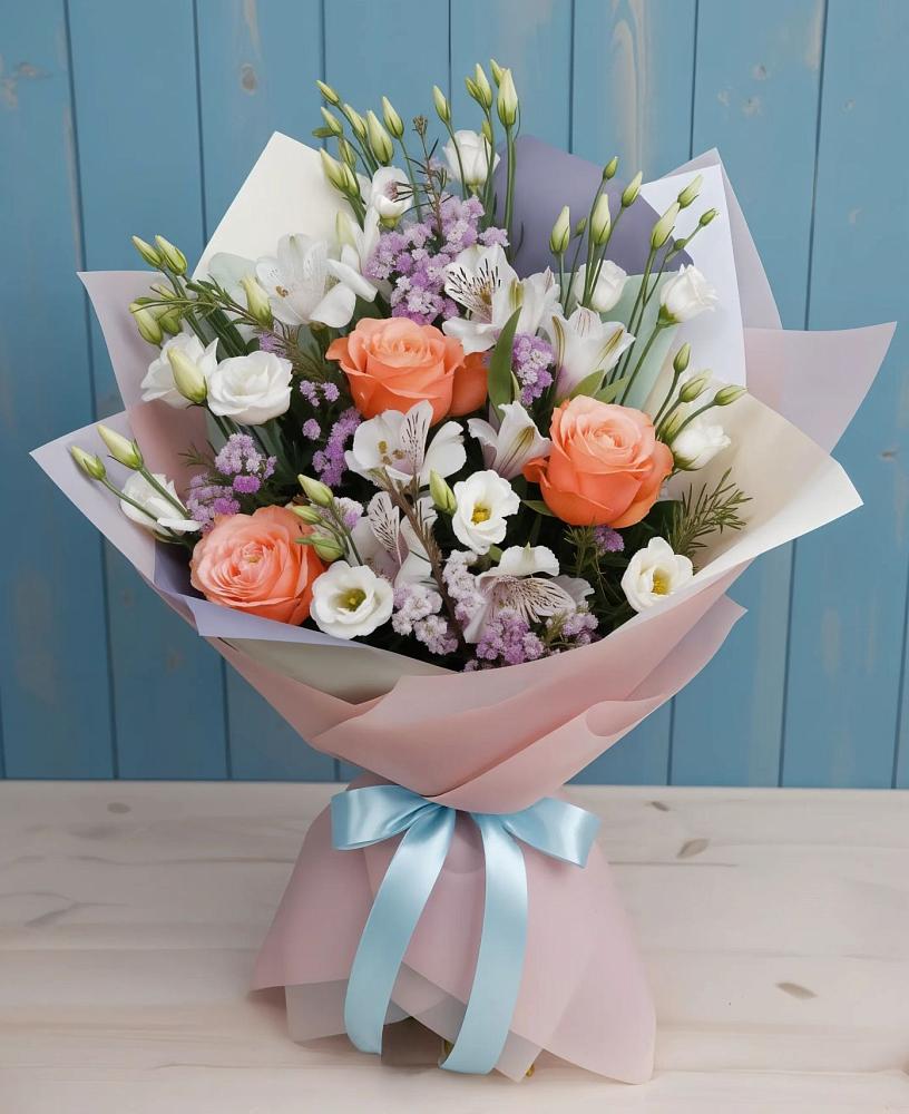 Букет цветов из: Лизиантусы, Розы, Альстромерии и Гипсофила в Еремизино-Борисовской