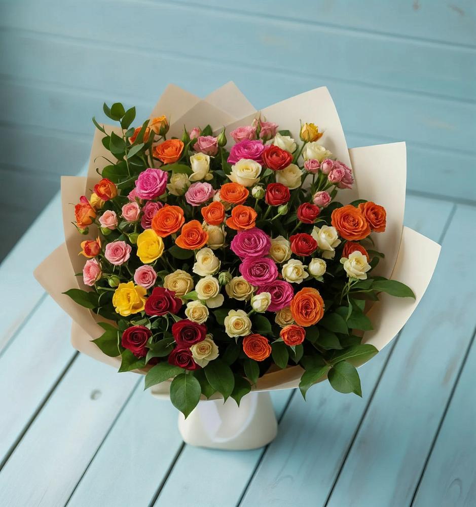 Букет Микс из разноцветных кустовых роз в Еремизино-Борисовской
