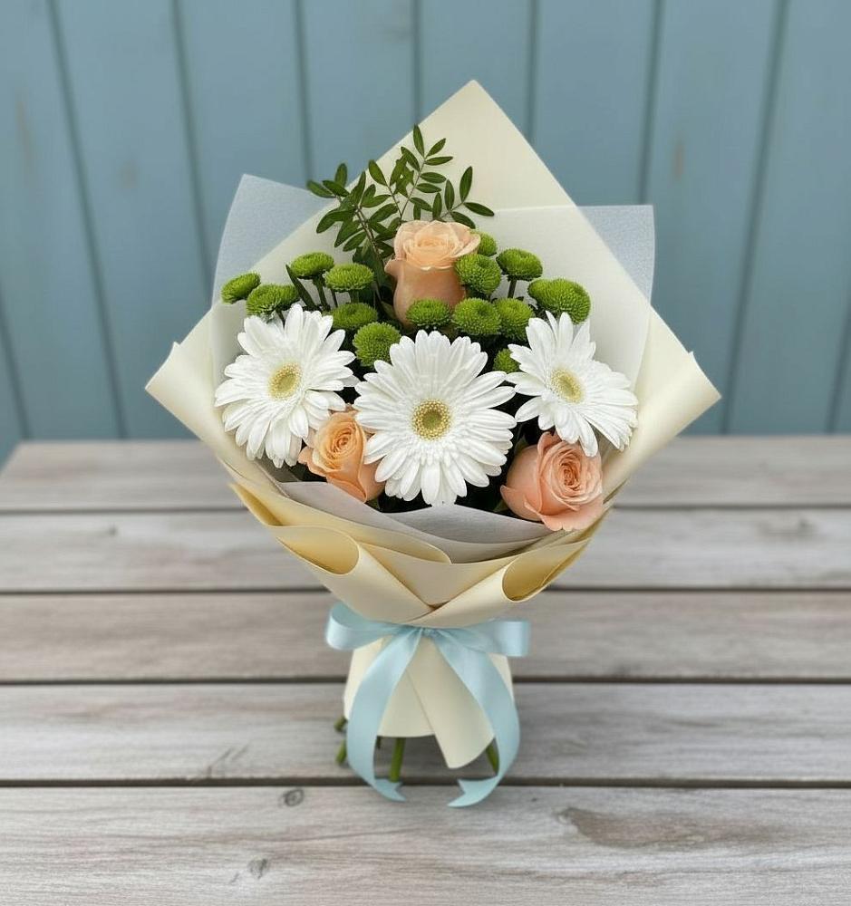 Букет цветов из: Герберы, Розы и Хризантемы в Еремизино-Борисовской