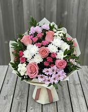 Букет цветов из:  Альстромерии, Гвоздики, Розы и Хризантемы в Еремизино-Борисовской