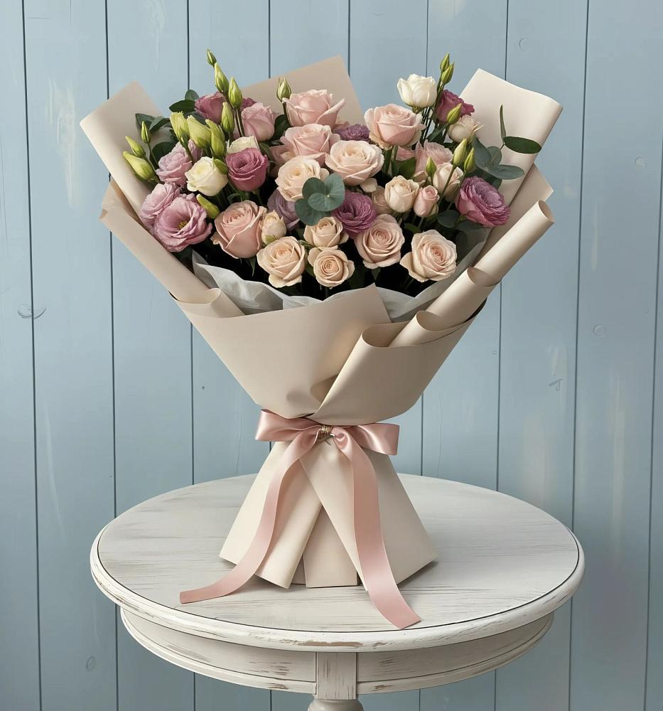 Букет цветов из: Розы и Лизиантусы в Еремизино-Борисовской