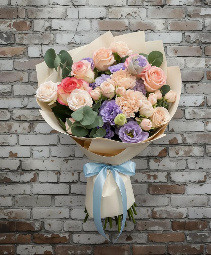 Букет цветов из: Розы, Лизиантусы и Гвоздики в Еремизино-Борисовской