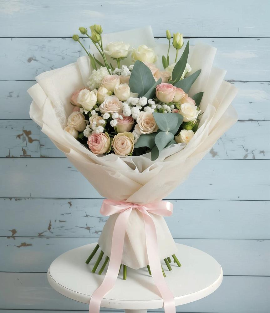 Букет цветов из: Розы и Лизиантусы в Еремизино-Борисовской