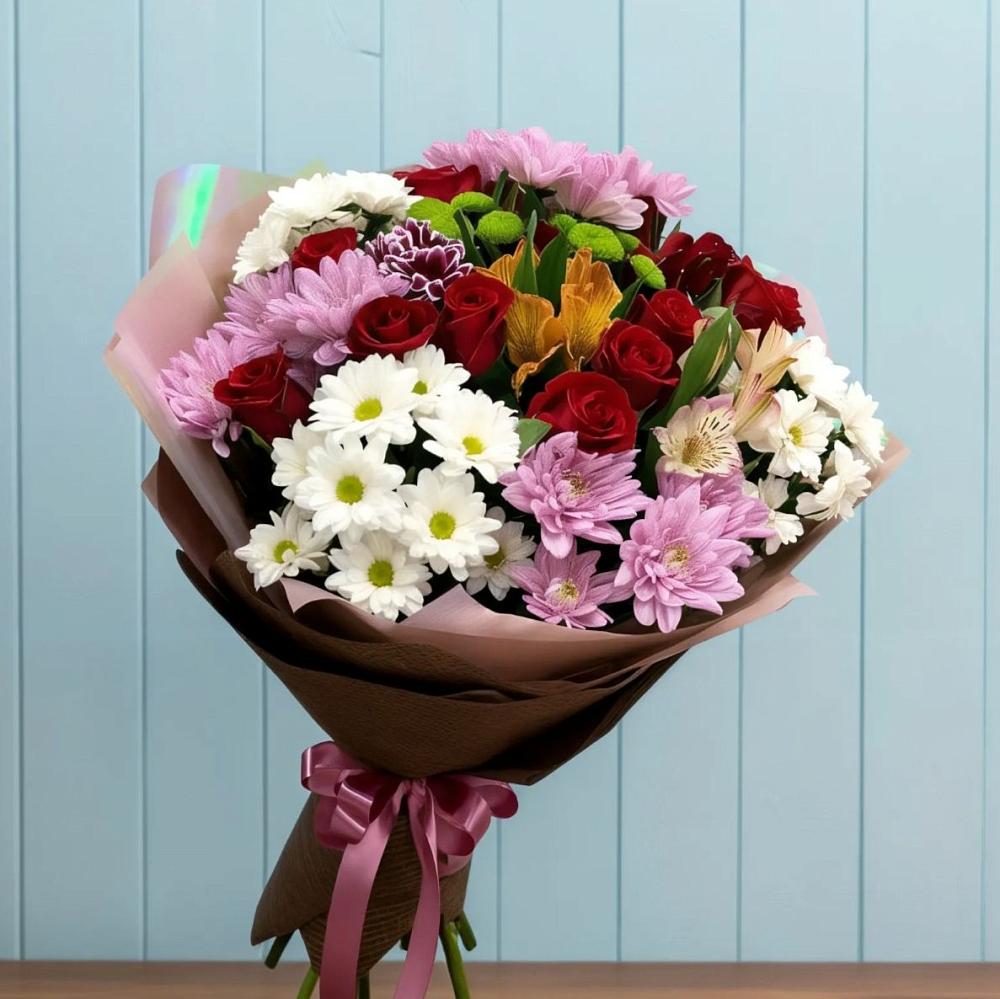 Букет цветов из: Розы, Хризантемы и Альстромерии в Еремизино-Борисовской