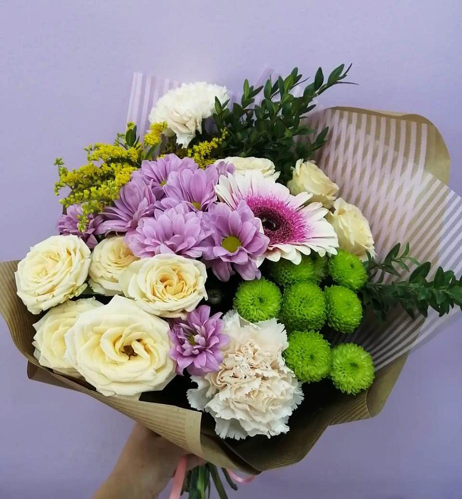 Букет цветов из: Хризантемы, Розы, Гвоздики и Герберы в Еремизино-Борисовской