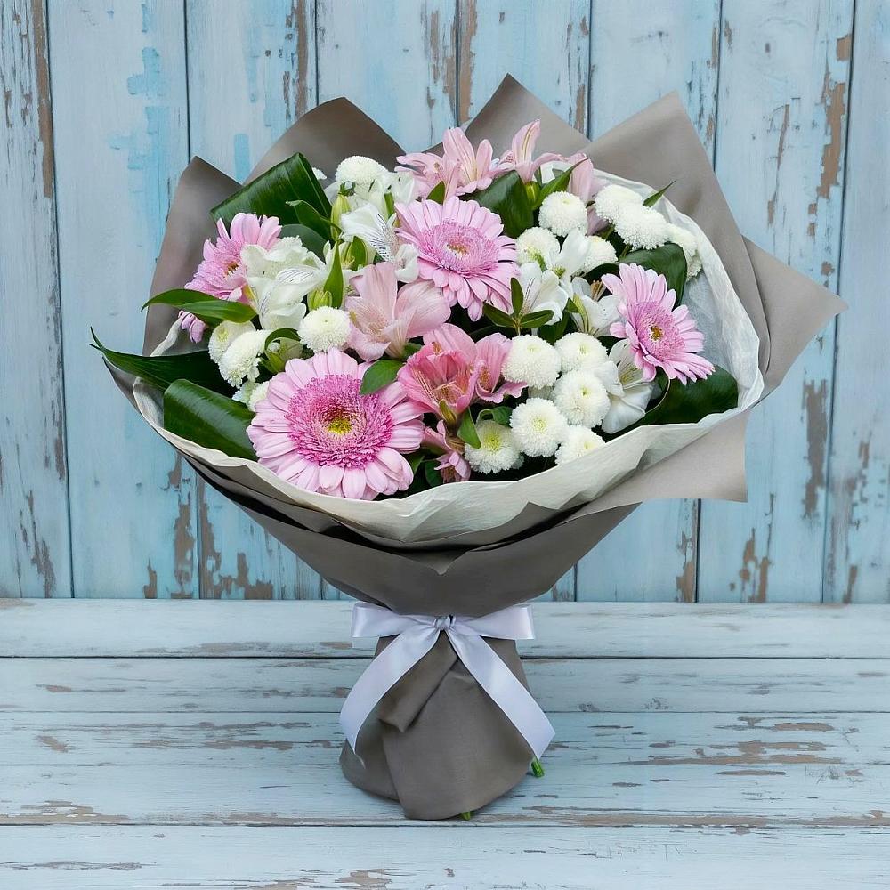 Букет цветов из: Герберы, Альстромерии и Хризантемы в Еремизино-Борисовской