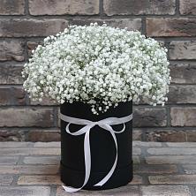 Цветочная композиция из Гипсофила в шляпной коробке в Еремизино-Борисовской