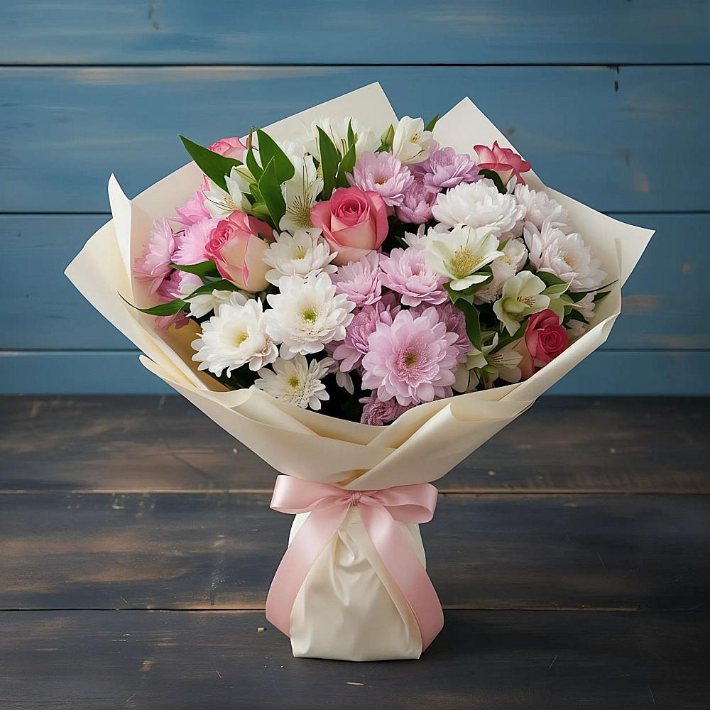 Букет цветов из: Хризантемы, Альстромерии и Розы в Еремизино-Борисовской